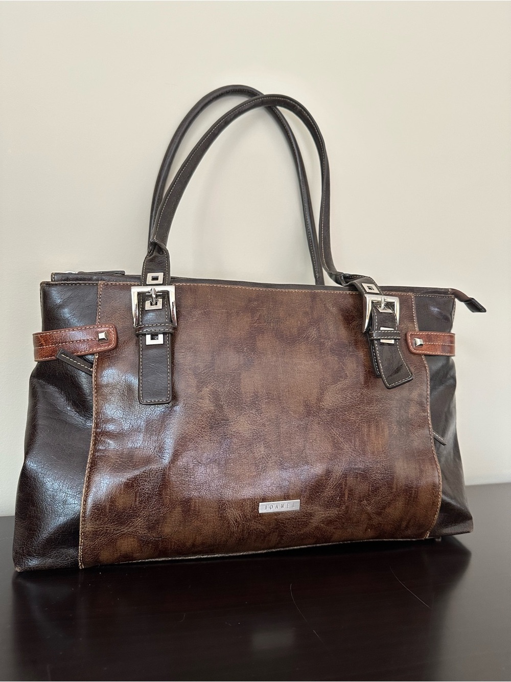 Y2K Retro Joanel Brown Leather Tote Bag with Dark Brown Accents